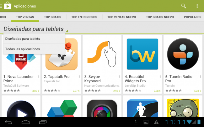 Google Play muestra apps para tablets